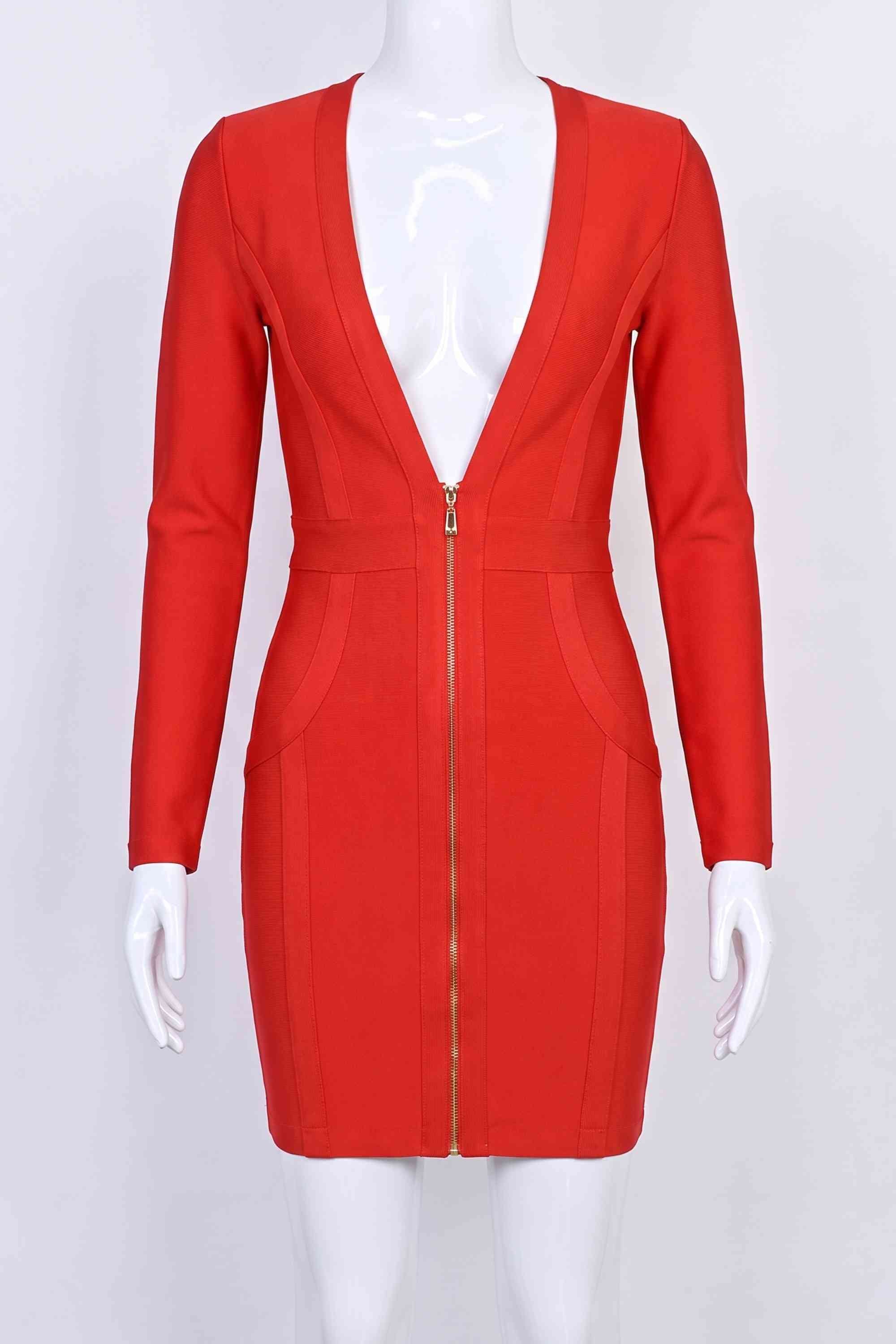 Woman wearing a figure flattering Eva Long Sleeve Bandage Mini Dress - Lipstick Red BODYCON COLLECTION