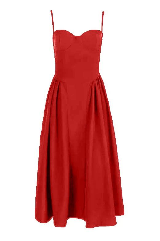 Woman wearing a figure flattering Everly Bodycon Day Midi Dress - Lipstick Red BODYCON COLLECTION