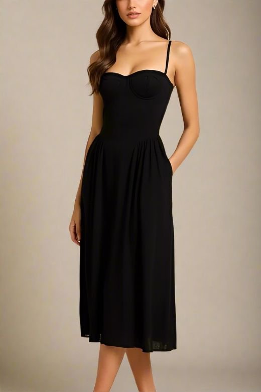 Woman wearing a figure flattering Everly Midi Dress - Classic Black BODYCON COLLECTION