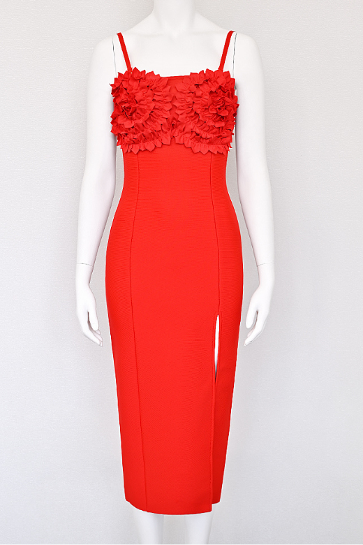 Woman wearing a figure flattering  Faye Bandage Midi Dress - Lipstick Red BODYCON COLLECTION