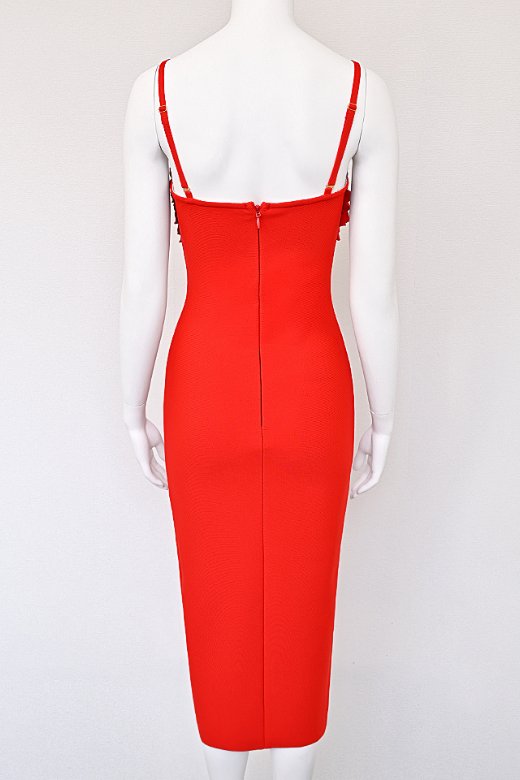 Woman wearing a figure flattering  Faye Bandage Midi Dress - Lipstick Red BODYCON COLLECTION