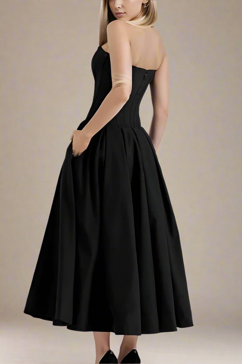 Woman wearing a figure flattering Gabbi Bodycon Midi Dress - Classic Black BODYCON COLLECTION