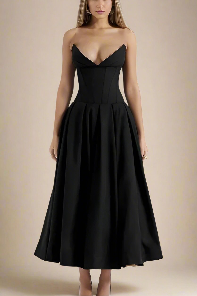 Woman wearing a figure flattering Gabbi Bodycon Midi Dress - Classic Black BODYCON COLLECTION