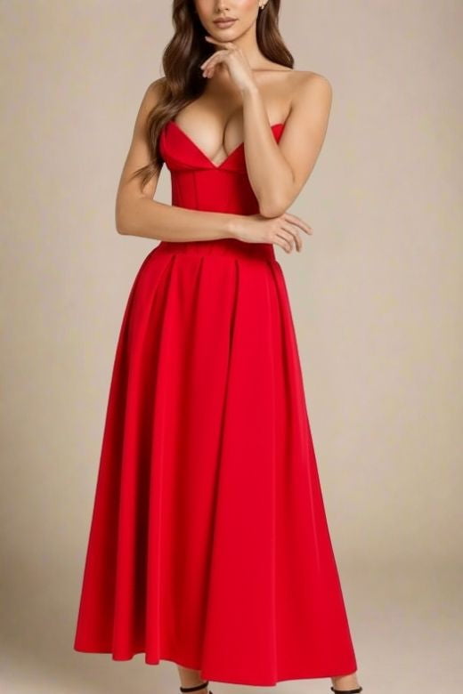 Woman wearing a figure flattering Gabbi Bodycon Midi Dress - Lipstick Red BODYCON COLLECTION