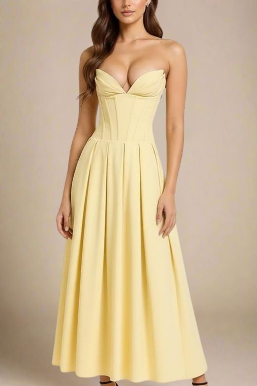 Woman wearing a figure flattering Gabbi Bodycon Midi Dress - Sun Yellow BODYCON COLLECTION