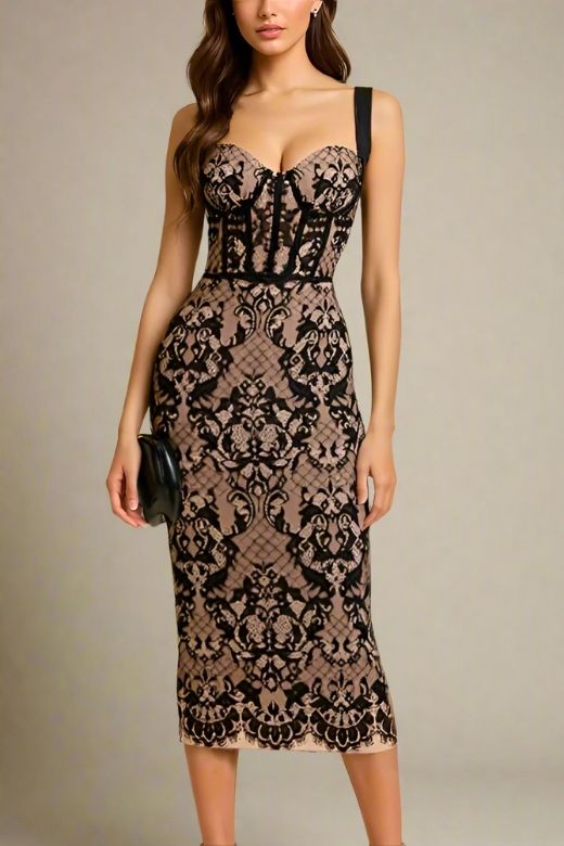 Woman wearing a figure flattering Genevieve Bodycon Lace Midi Dress - Classic Black BODYCON COLLECTION