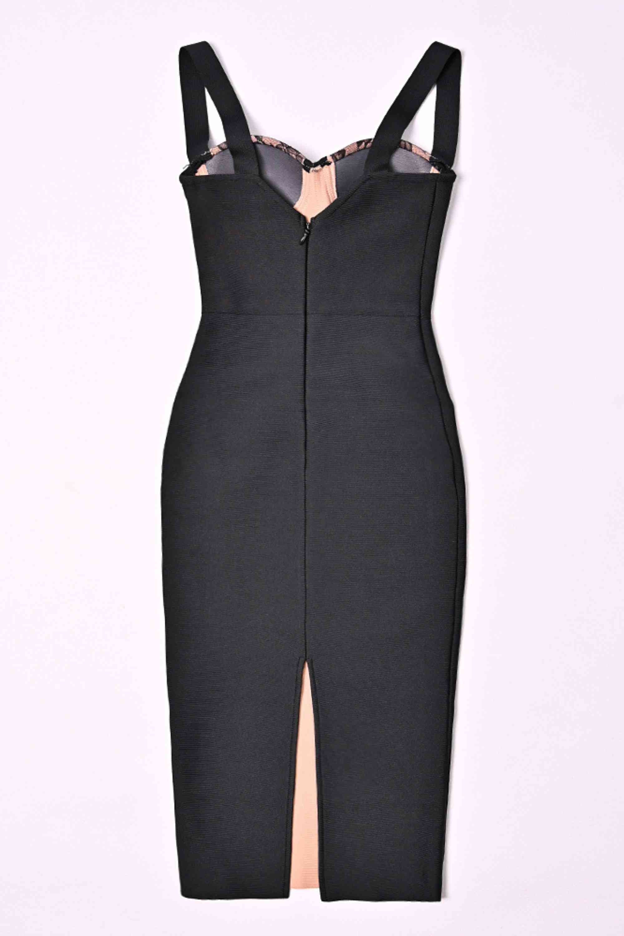 Woman wearing a figure flattering Genevieve Bodycon Lace Midi Dress - Classic Black BODYCON COLLECTION
