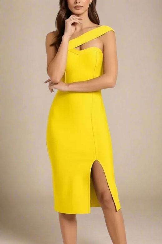 Woman wearing a figure flattering Gianna Bandage Dress - Sun Yellow BODYCON COLLECTION