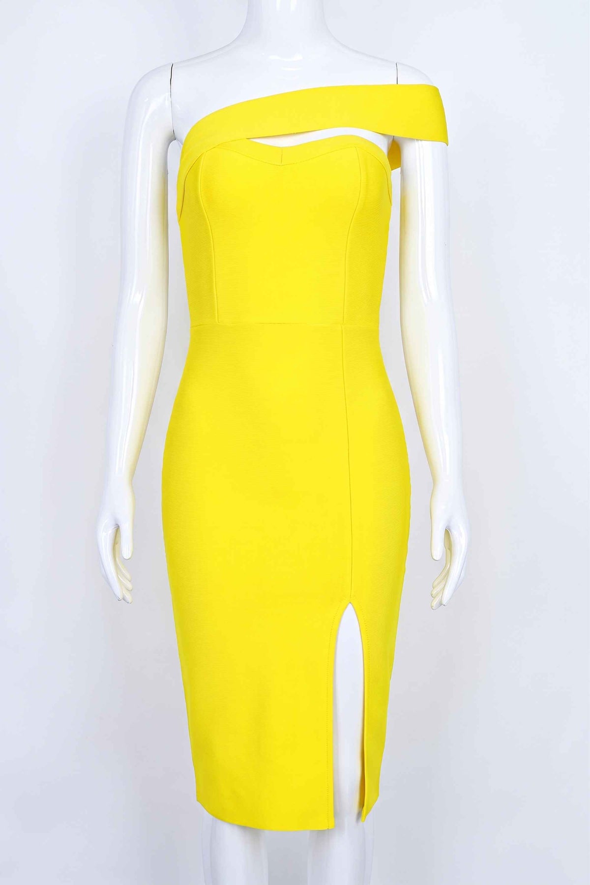 Woman wearing a figure flattering Gianna Bandage Dress - Sun Yellow BODYCON COLLECTION