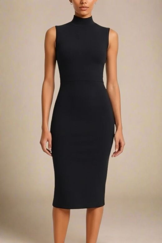 Woman wearing a figure flattering Grace Bandage Midi Dress - Classic Black Bodycon Collection