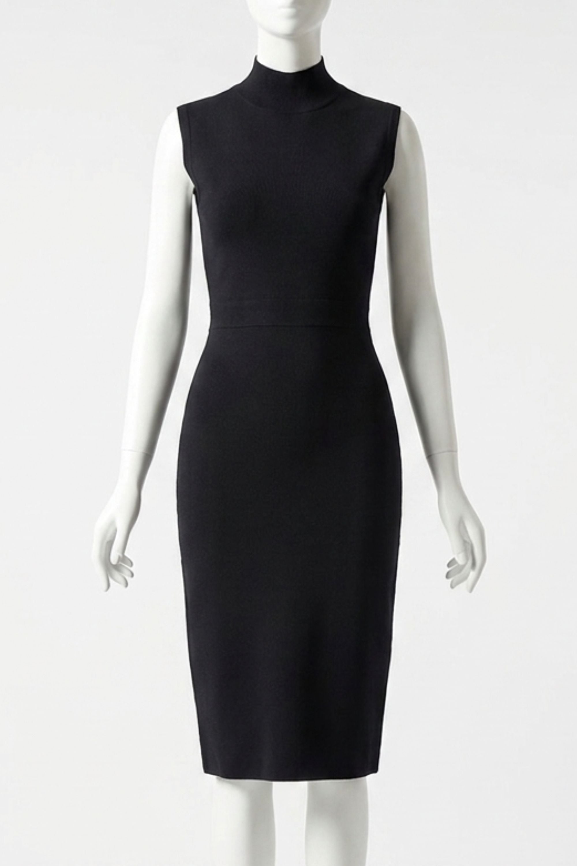 Woman wearing a figure flattering Grace Bandage Midi Dress - Classic Black Bodycon Collection