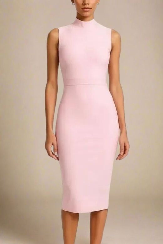 Woman wearing a figure flattering Grace Bandage Midi Dress - Dusty Pink Bodycon Collection