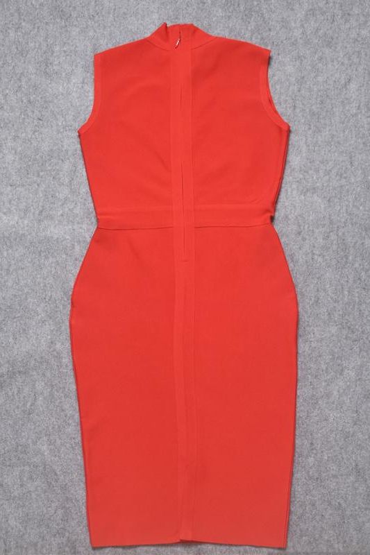 Woman wearing a figure flattering Grace Bandage Midi Dress - Lipstick Red Bodycon Collection