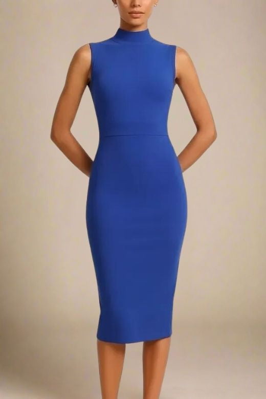 Woman wearing a figure flattering Grace Bandage Midi Dress - Navy Blue Bodycon Collection