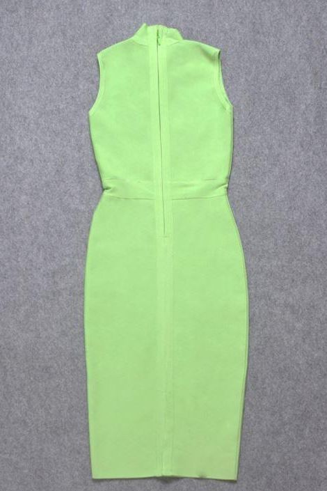 Woman wearing a figure flattering Grace Bandage Midi Dress - Neon Green Bodycon Collection