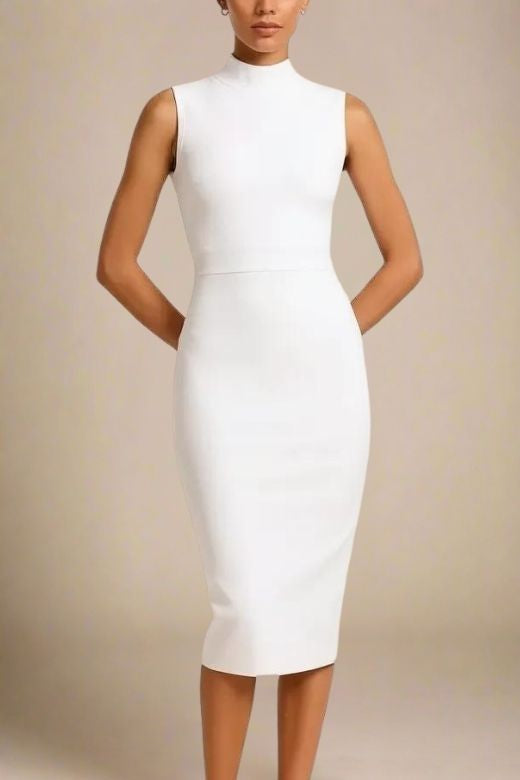 Woman wearing a figure flattering Grace Bandage Midi Dress - Pearl White Bodycon Collection
