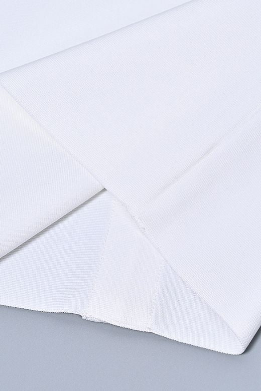 Woman wearing a figure flattering Hazel Long Sleeve Bodycon Dress - White Pearl BODYCON COLLECTION Pty Ltd