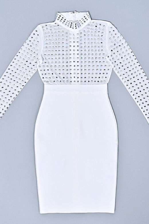 Woman wearing a figure flattering Hazel Long Sleeve Bodycon Dress - White Pearl BODYCON COLLECTION Pty Ltd