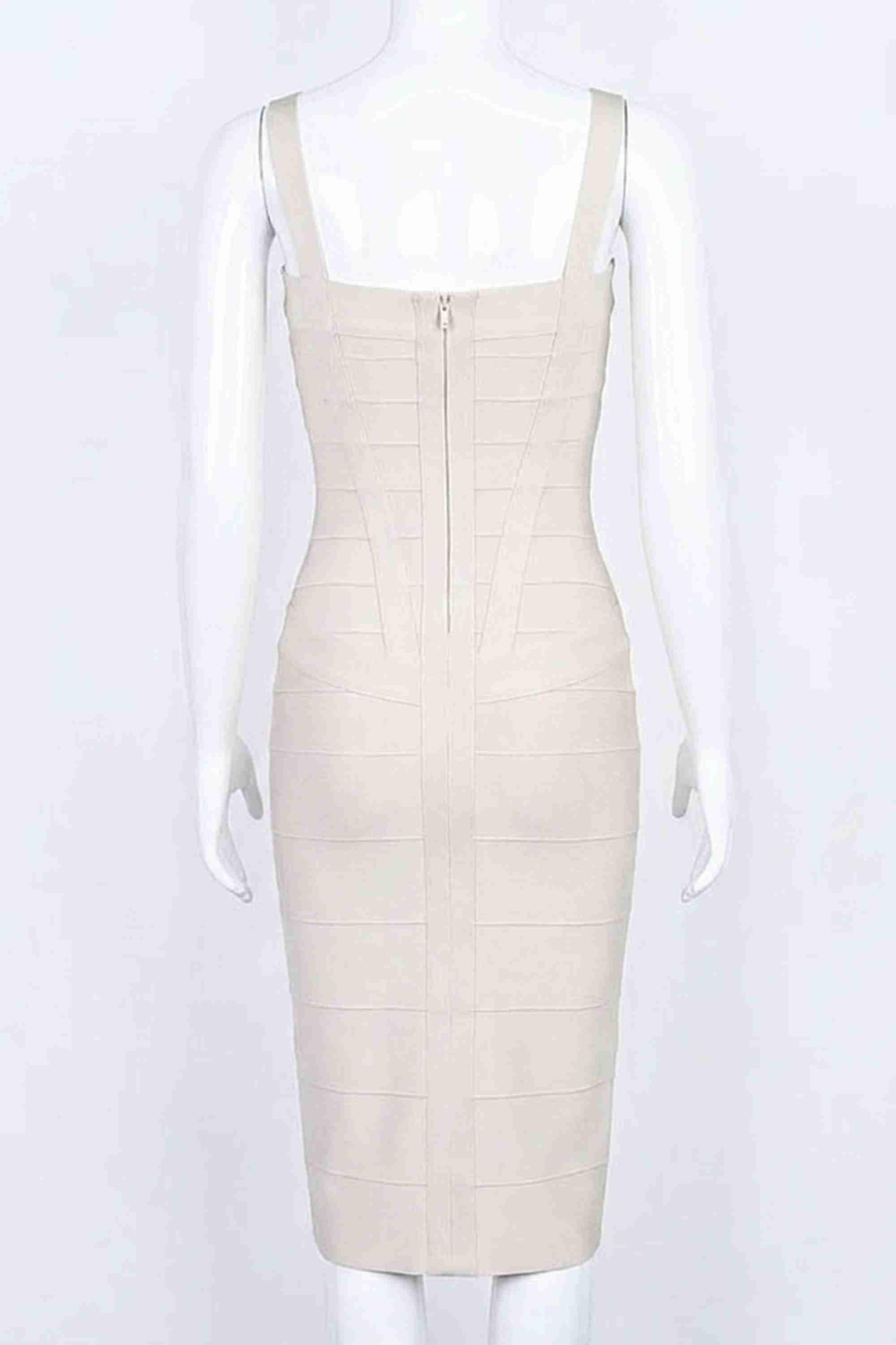 Woman wearing a figure flattering Heidi Bandage Midi Dress - Cream Bodycon Collection