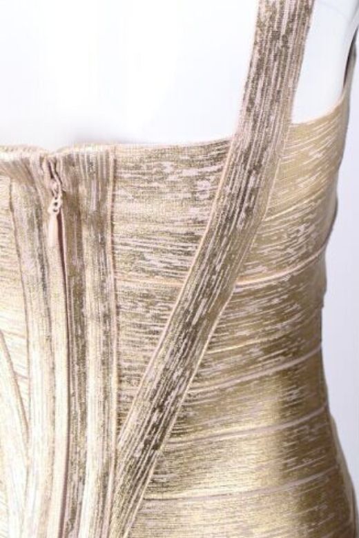 Woman wearing a figure flattering Heidi Bandage Midi Dress - Gold BODYCON COLLECTION