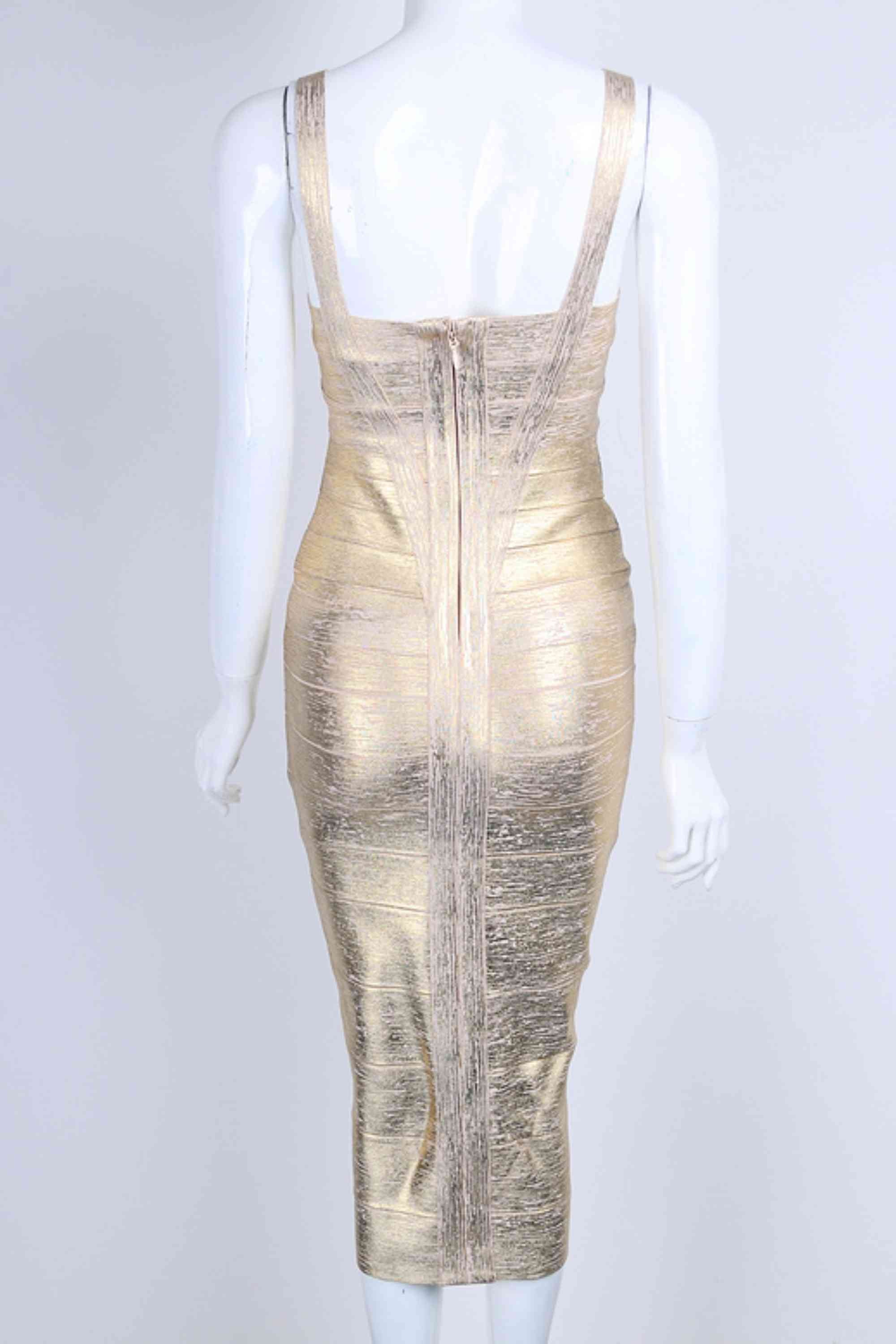 Woman wearing a figure flattering Heidi Bandage Midi Dress - Gold BODYCON COLLECTION