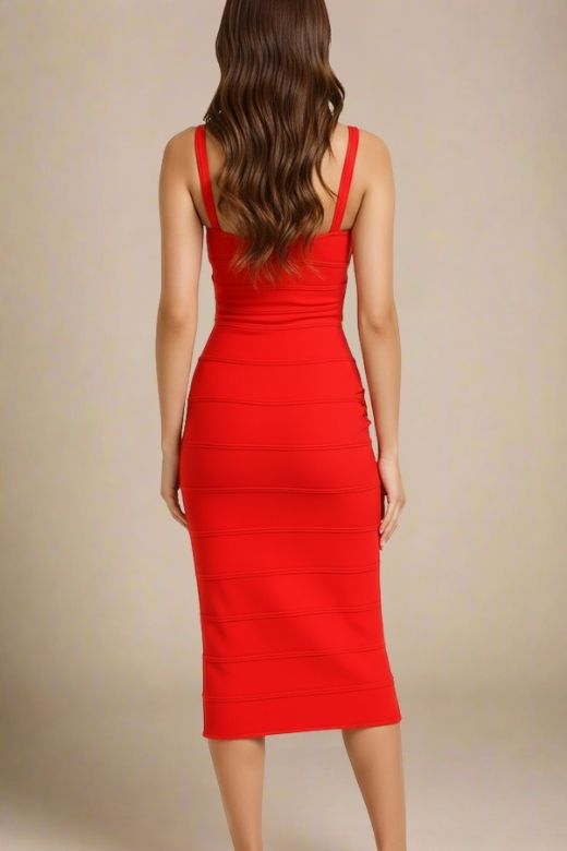 Woman wearing a figure flattering Heidi Bandage Midi Dress - Lipstick Red Bodycon Collection