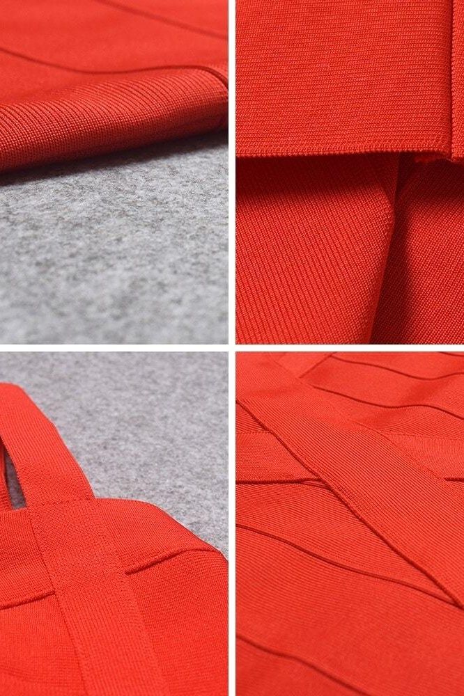 Woman wearing a figure flattering Heidi Bandage Midi Dress - Lipstick Red Bodycon Collection