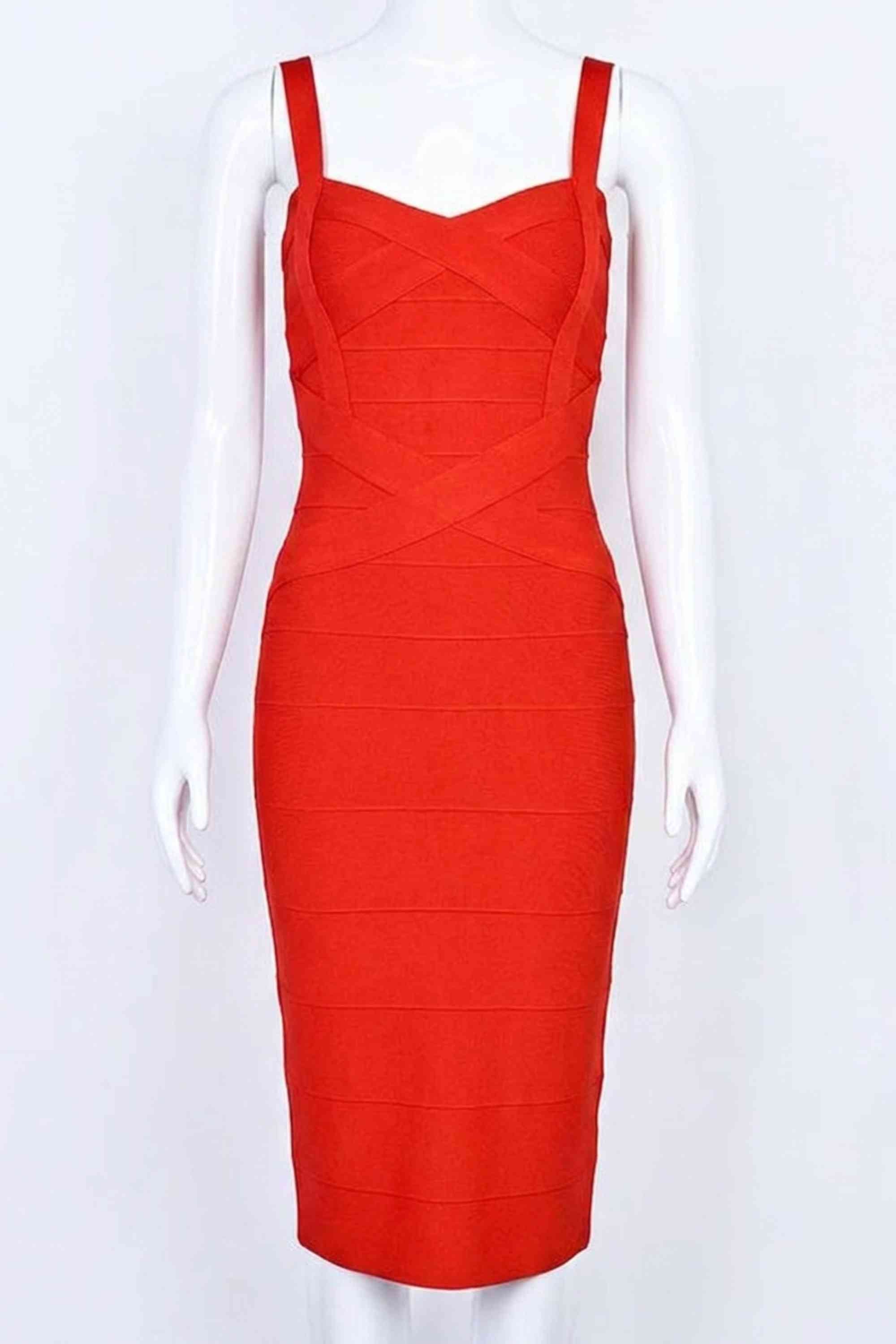 Woman wearing a figure flattering Heidi Bandage Midi Dress - Lipstick Red Bodycon Collection
