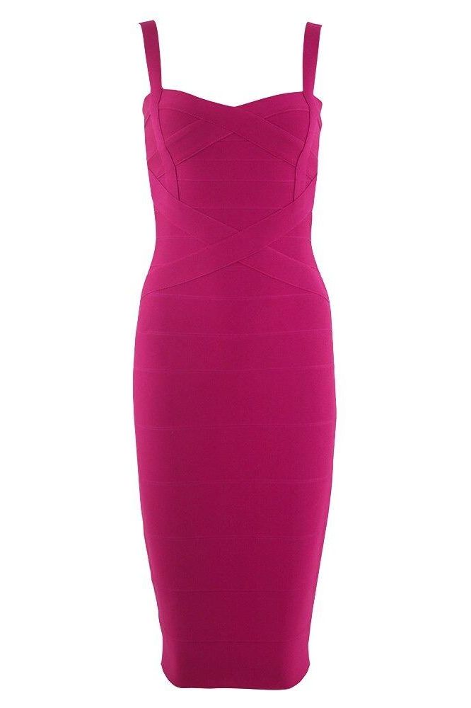 Woman wearing a magenta pink party dress Heidi Bandage Midi Dress - Magenta Pink Bodycon Collection
