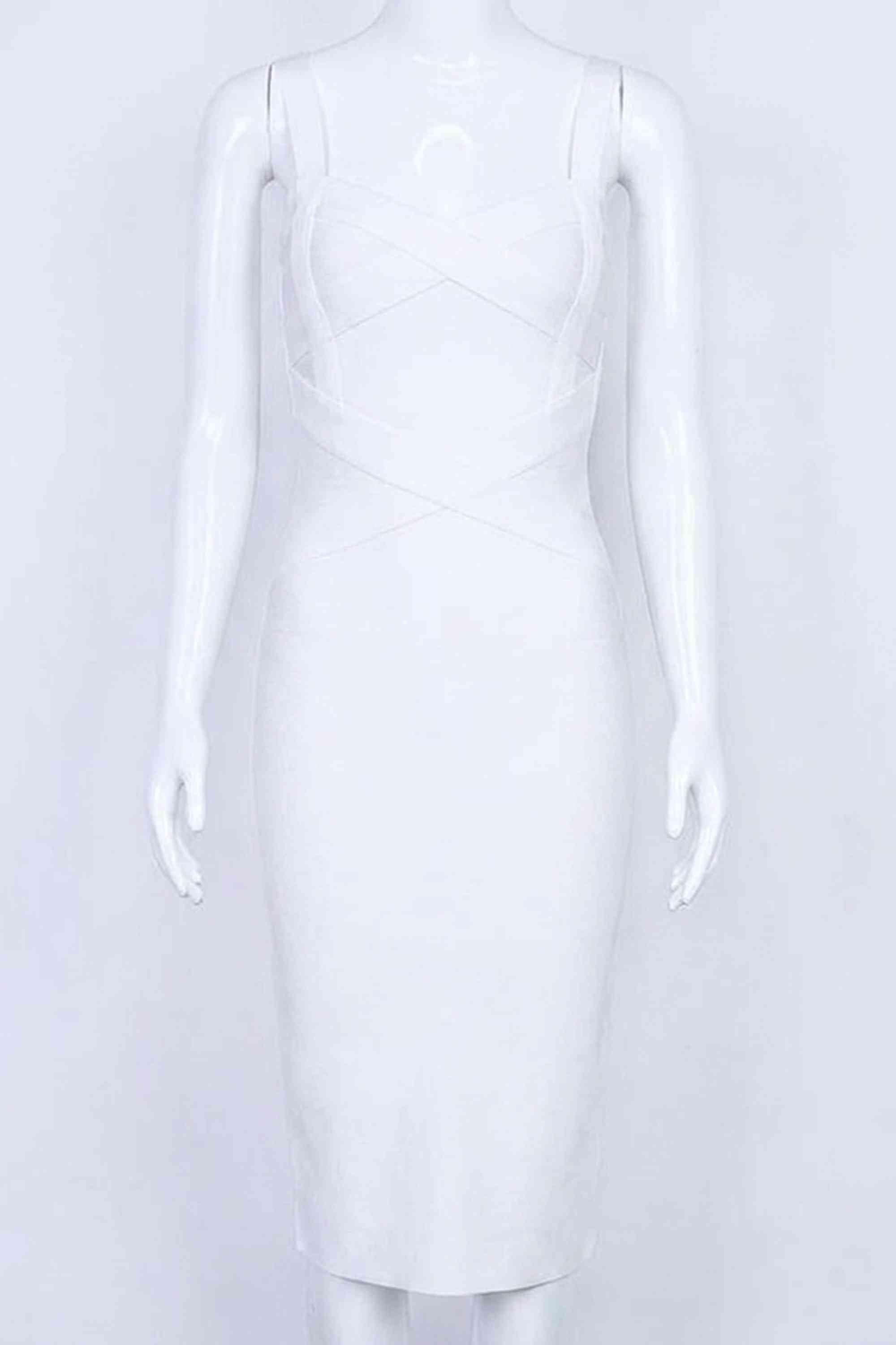 Woman wearing a figure flattering Heidi Bandage Midi Dress - Pearl White Bodycon Collection