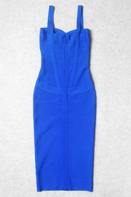 Woman wearing a figure flattering  Heidi Bandage Midi Dress - Royal Blue Bodycon Collection