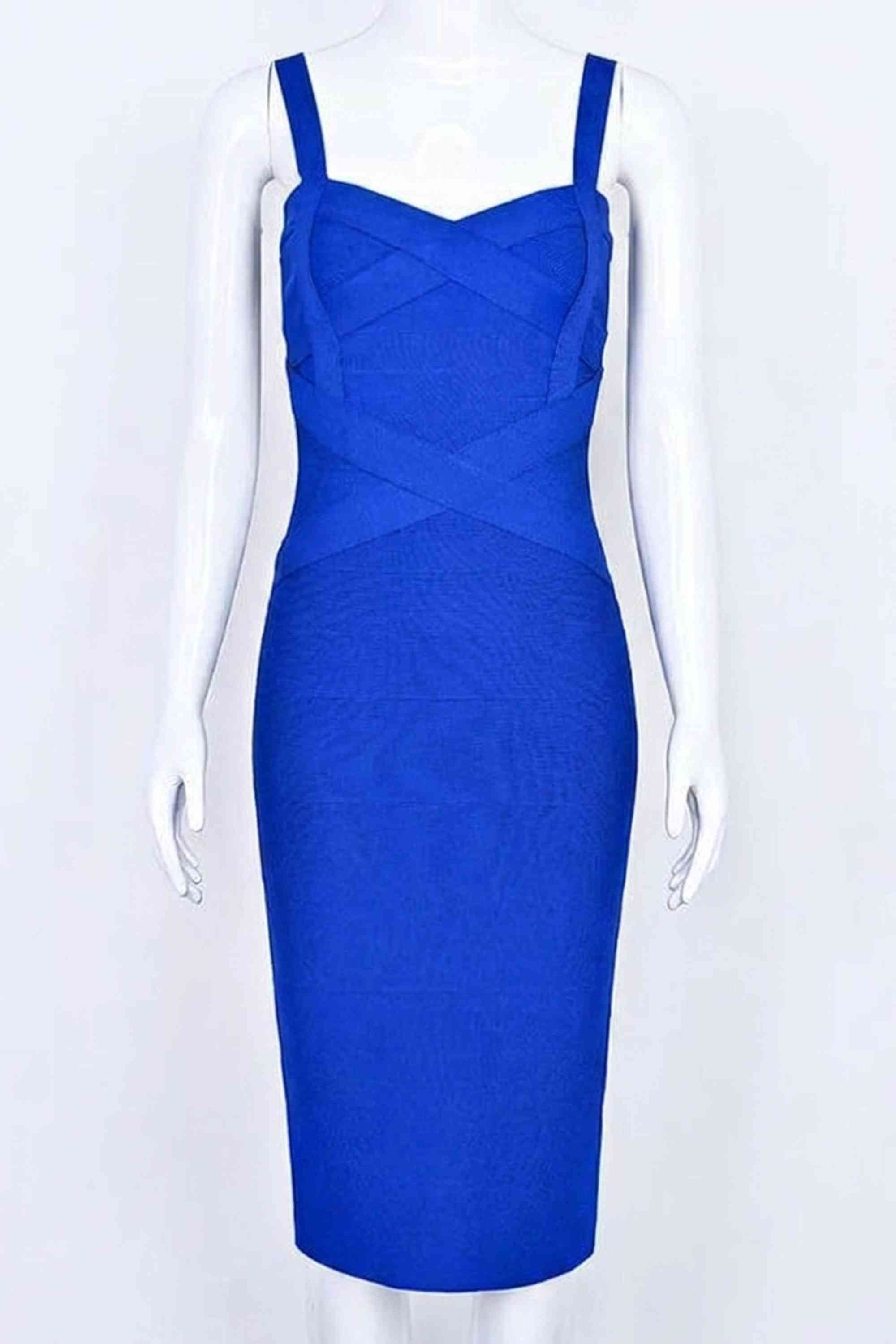 Woman wearing a figure flattering Heidi Bandage Midi Dress - Royal Blue Bodycon Collection
