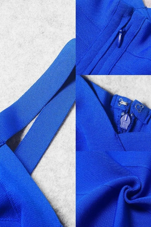 Woman wearing a figure flattering  Heidi Bandage Midi Dress - Royal Blue Bodycon Collection
