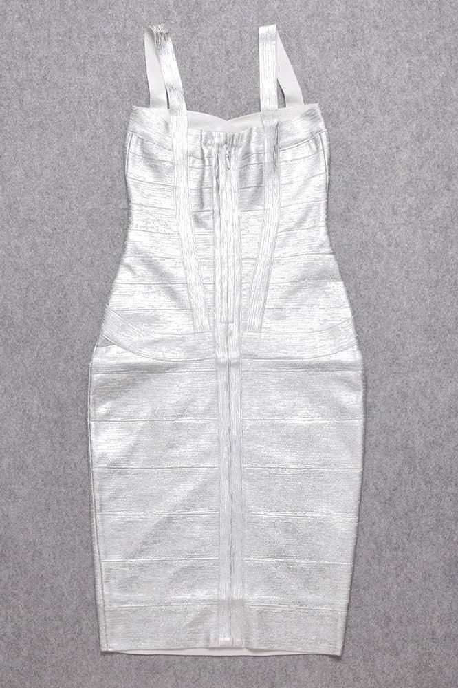Woman wearing a figure flattering Heidi Bandage Midi Dress - Silver BODYCON COLLECTION