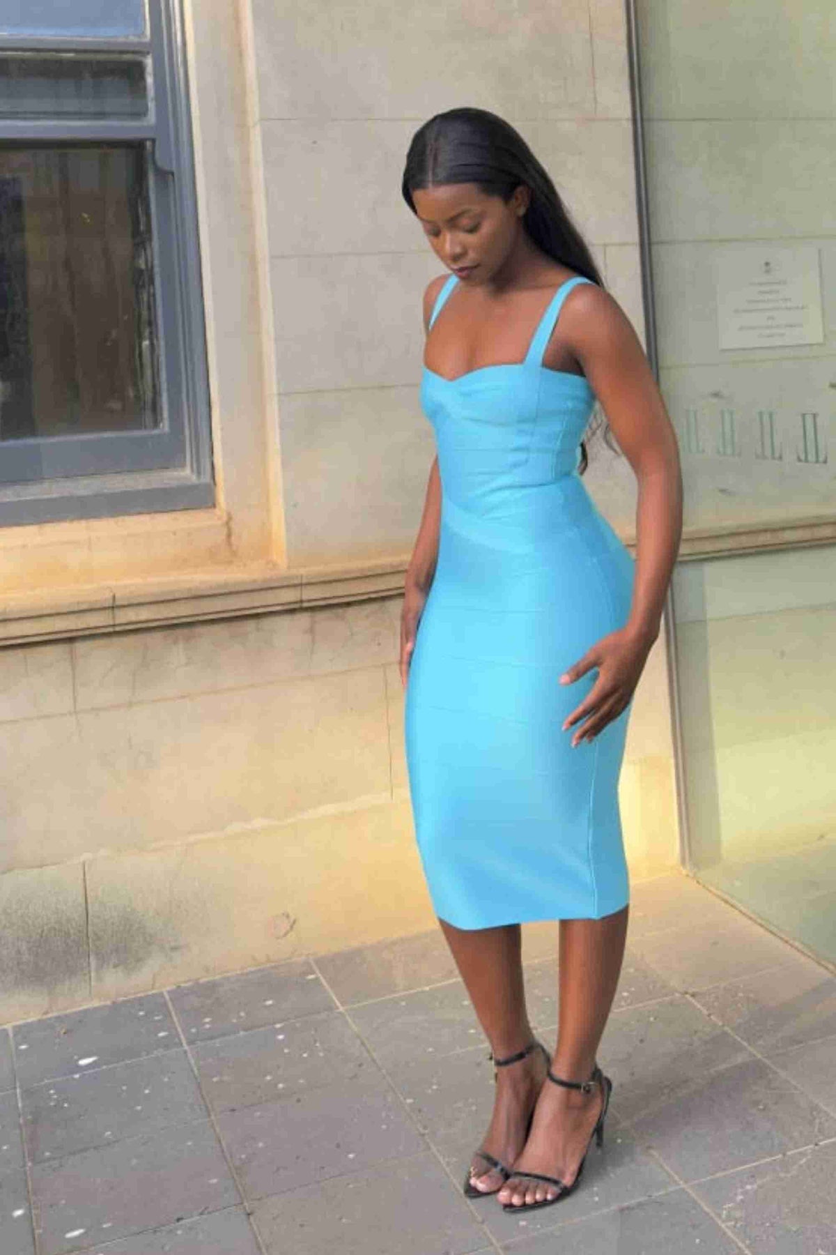 bandage dress midi blue Heidi Sky Elegant Bardot neckline with