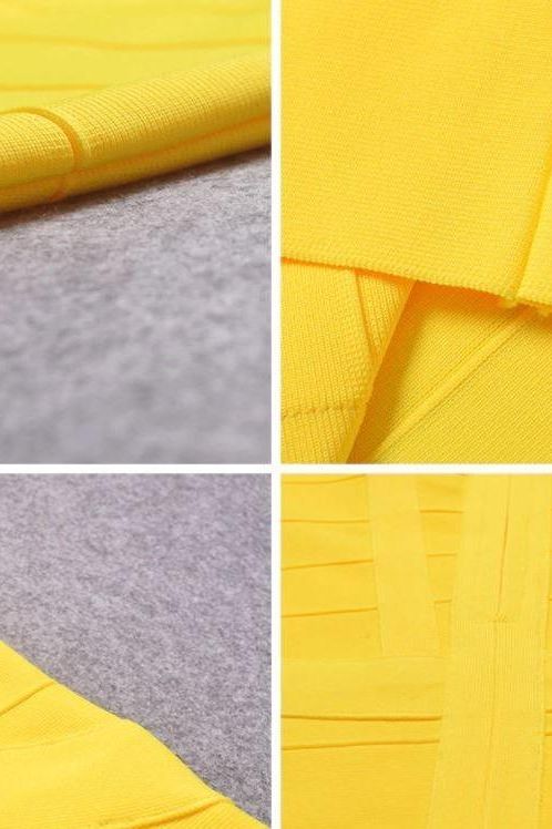 Woman wearing a figure flattering  Heidi Bandage Midi Dress - Sun Yellow Bodycon Collection