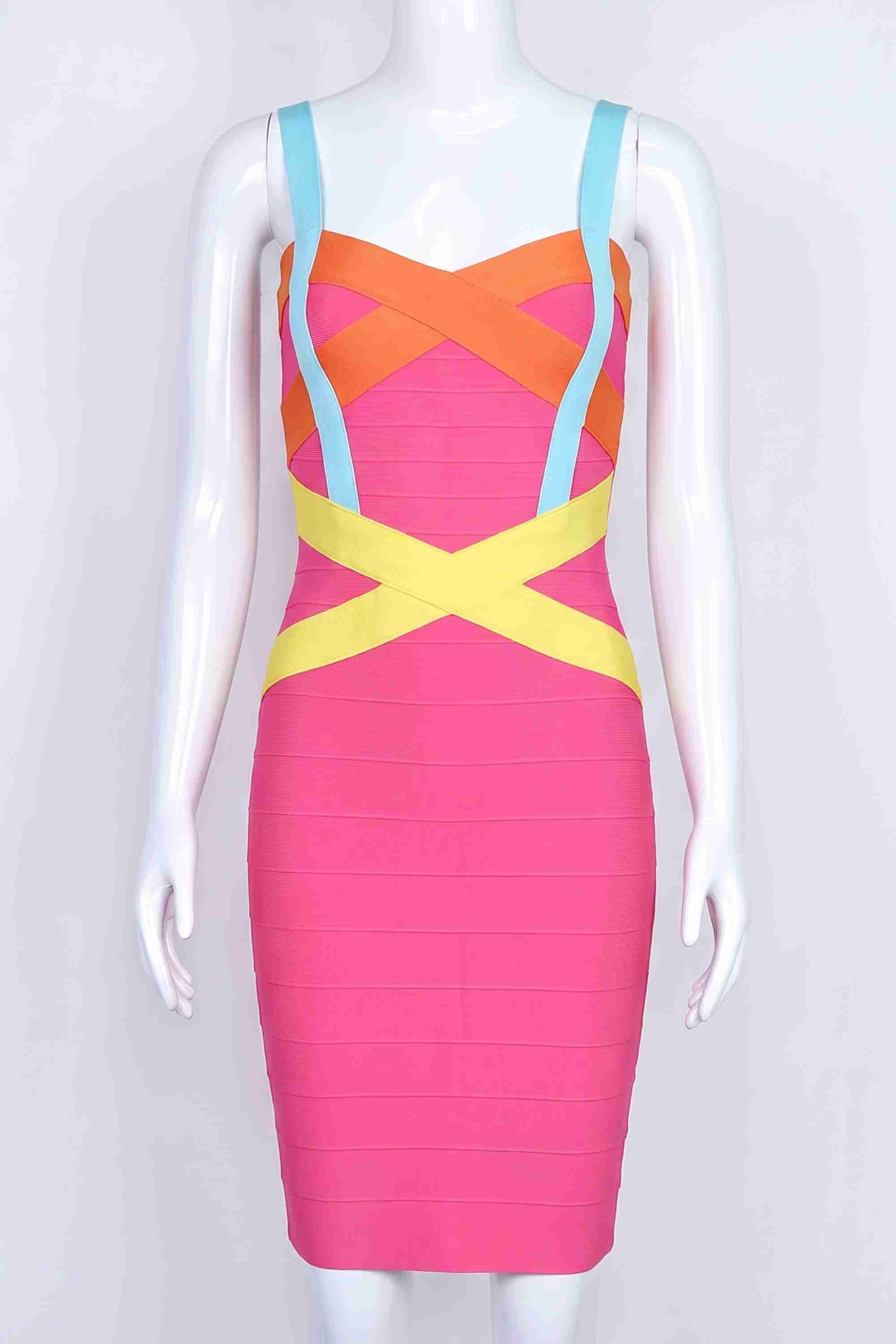 Woman wearing a figure flattering Heidi Bandage Mini Dress - Hot Pink Bodycon Collection