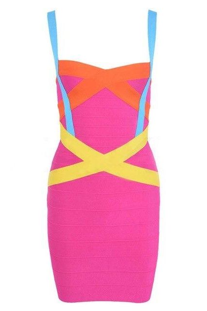 Woman wearing a figure flattering Heidi Bandage Mini Dress - Hot Pink Bodycon Collection
