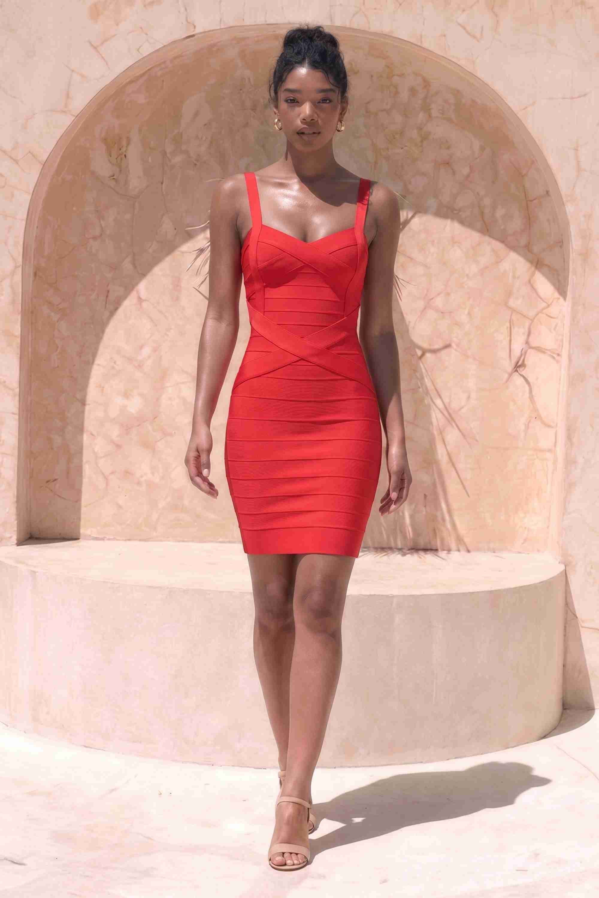 Woman wearing a figure flattering Heidi Bandage Mini Dress - Lipstick Red Bodycon Collection