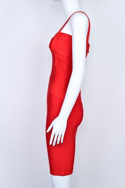Woman wearing a figure flattering Heidi Bandage Mini Dress - Lipstick Red Bodycon Collection
