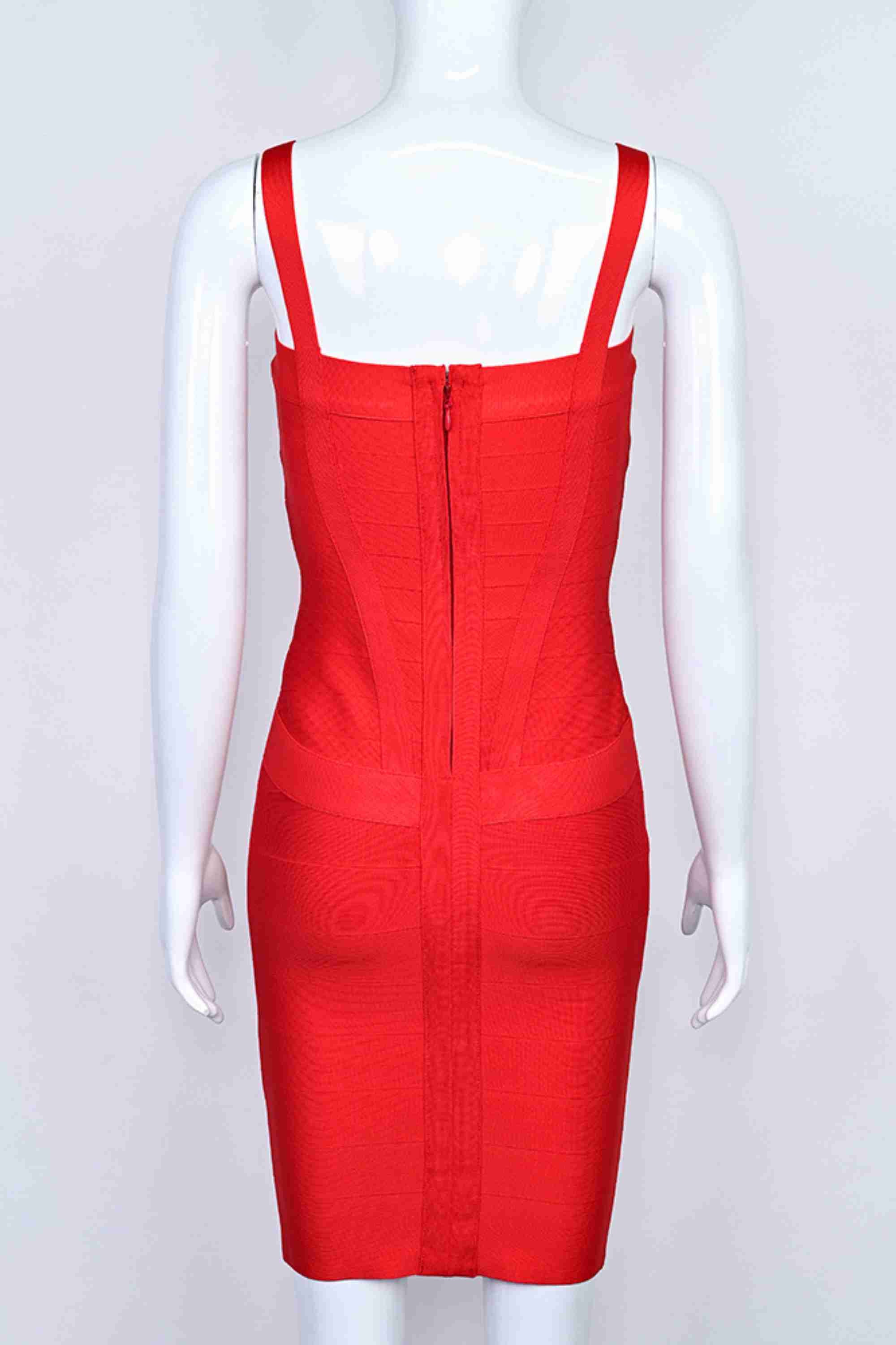 Woman wearing a figure flattering Heidi Bandage Mini Dress - Lipstick Red Bodycon Collection