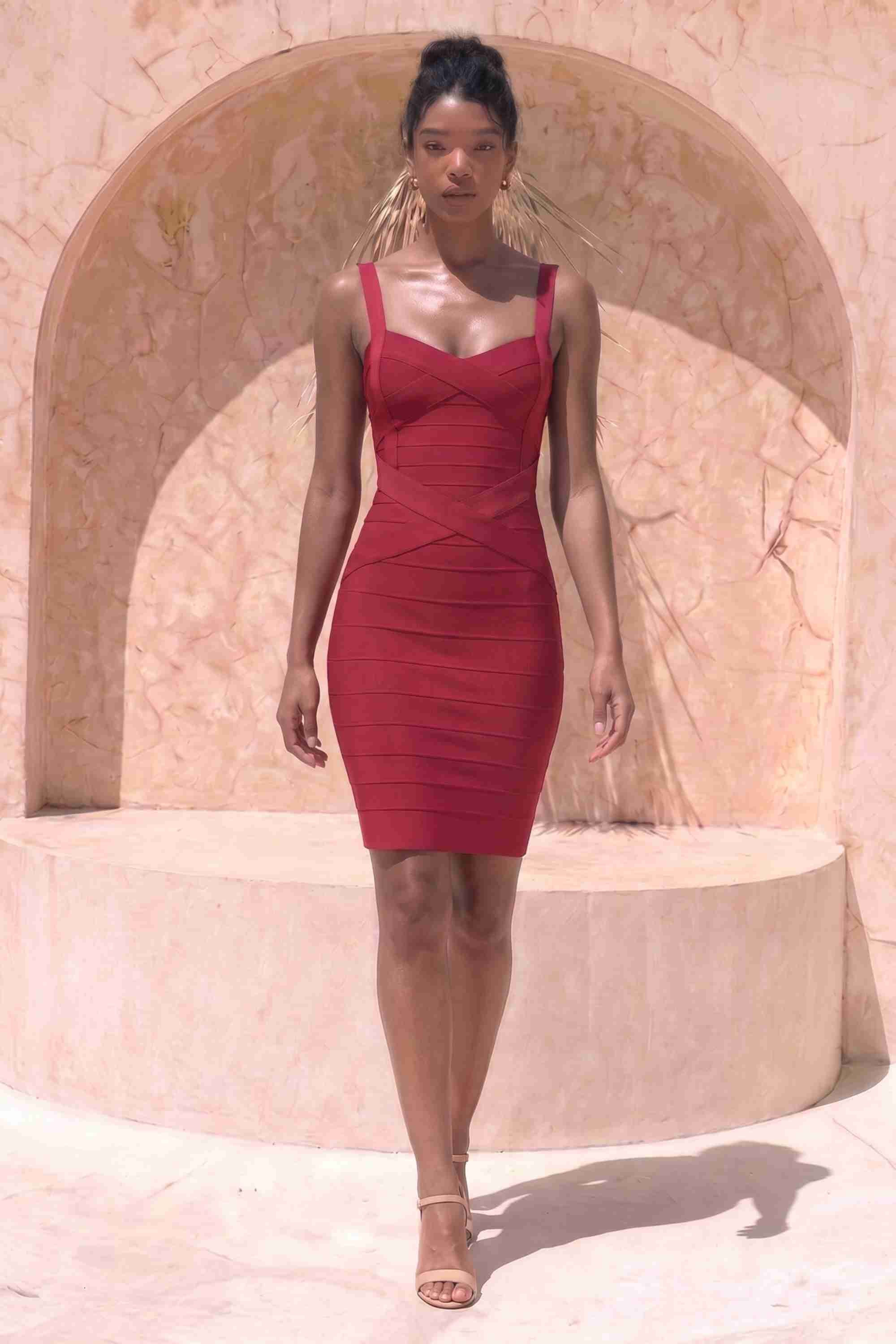 Woman wearing a figure flattering Heidi Bandage Mini Dress - Red Wine Bodycon Collection