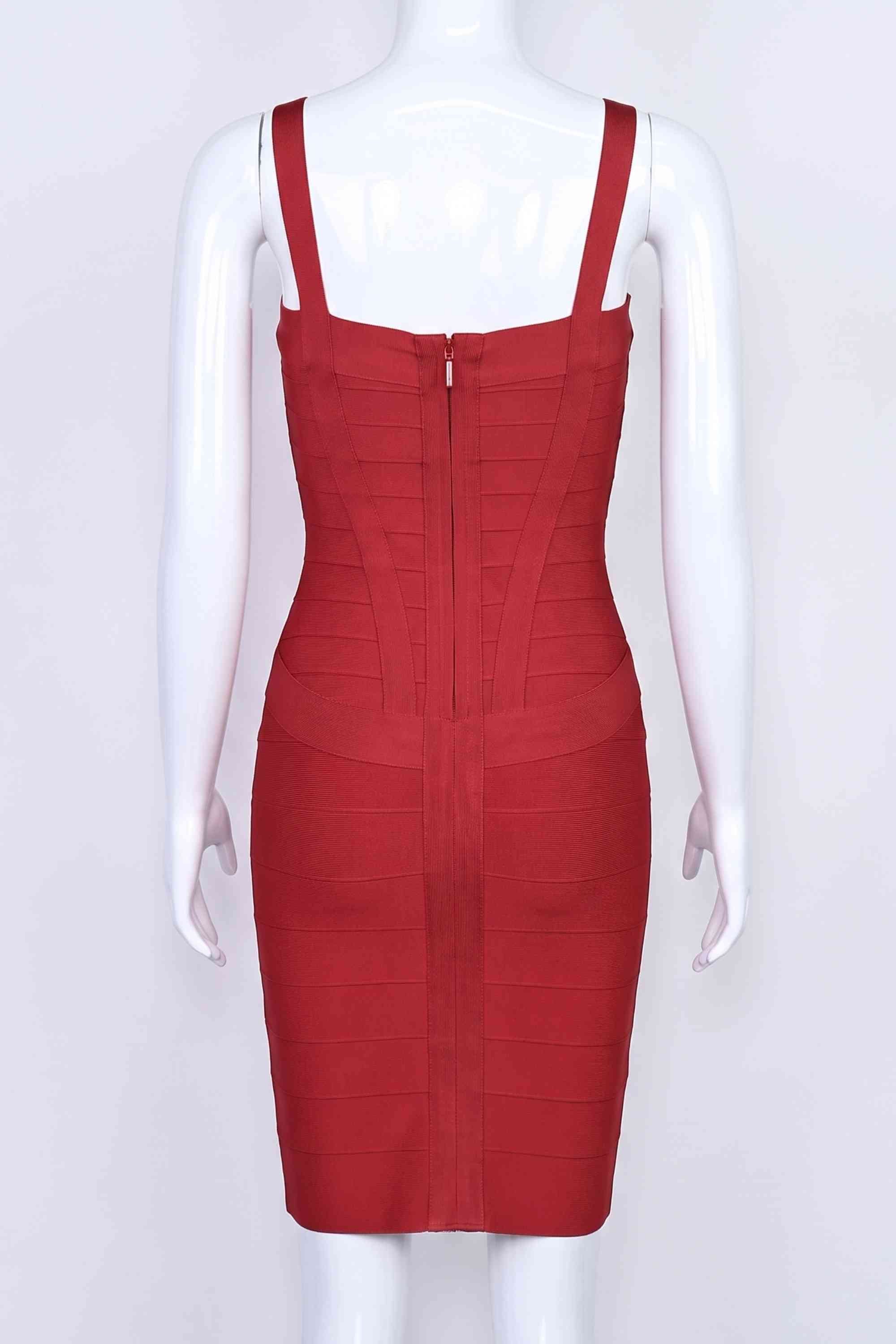 Woman wearing a figure flattering Heidi Bandage Mini Dress - Red Wine Bodycon Collection