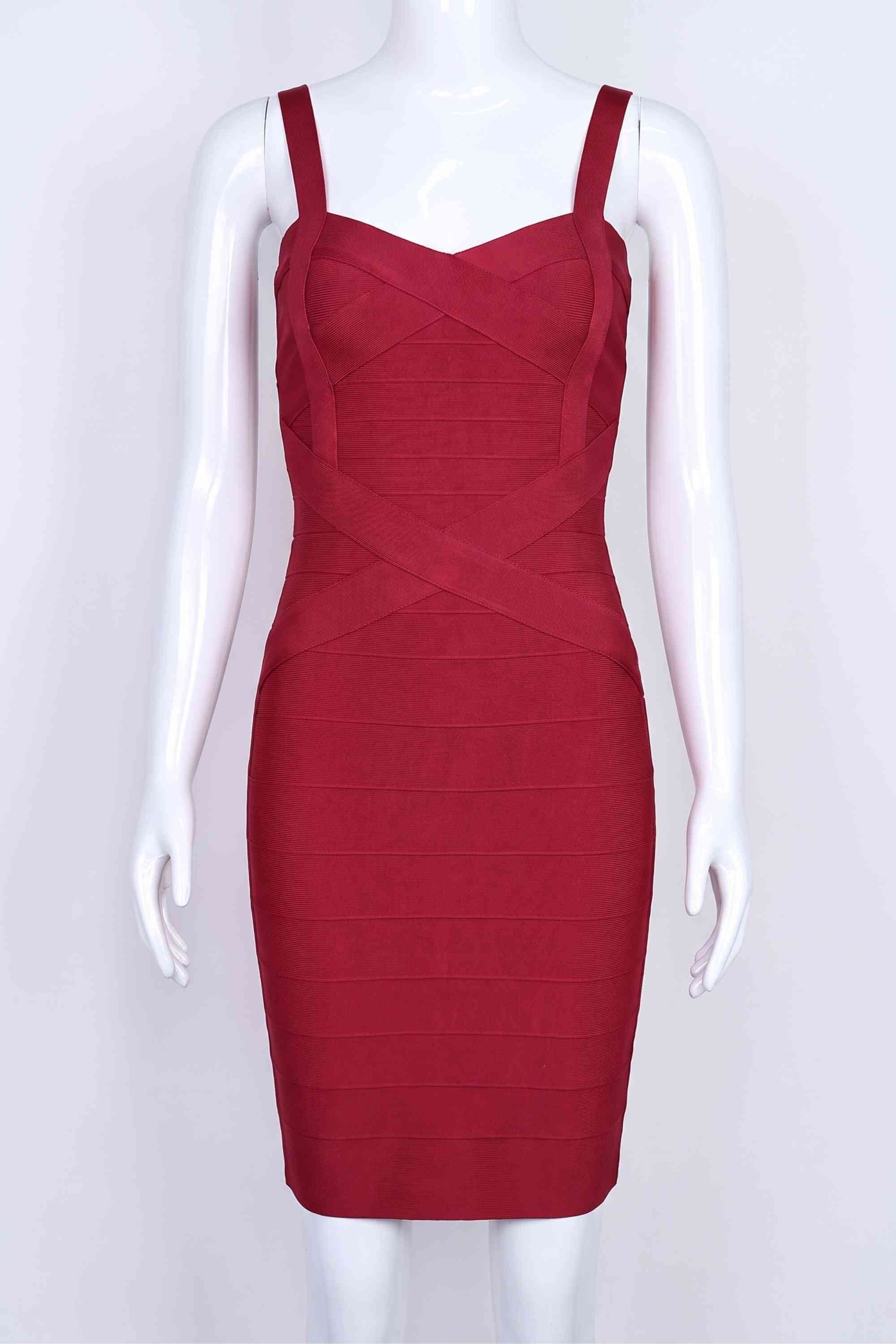 Woman wearing a figure flattering Heidi Bandage Mini Dress - Red Wine Bodycon Collection