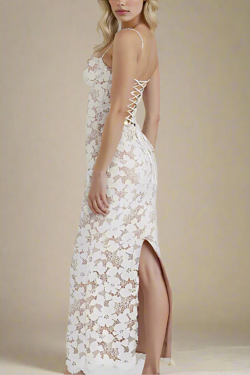 Woman wearing a figure flattering Honor Bodycon Maxi Dress - White Pearl BODYCON COLLECTION