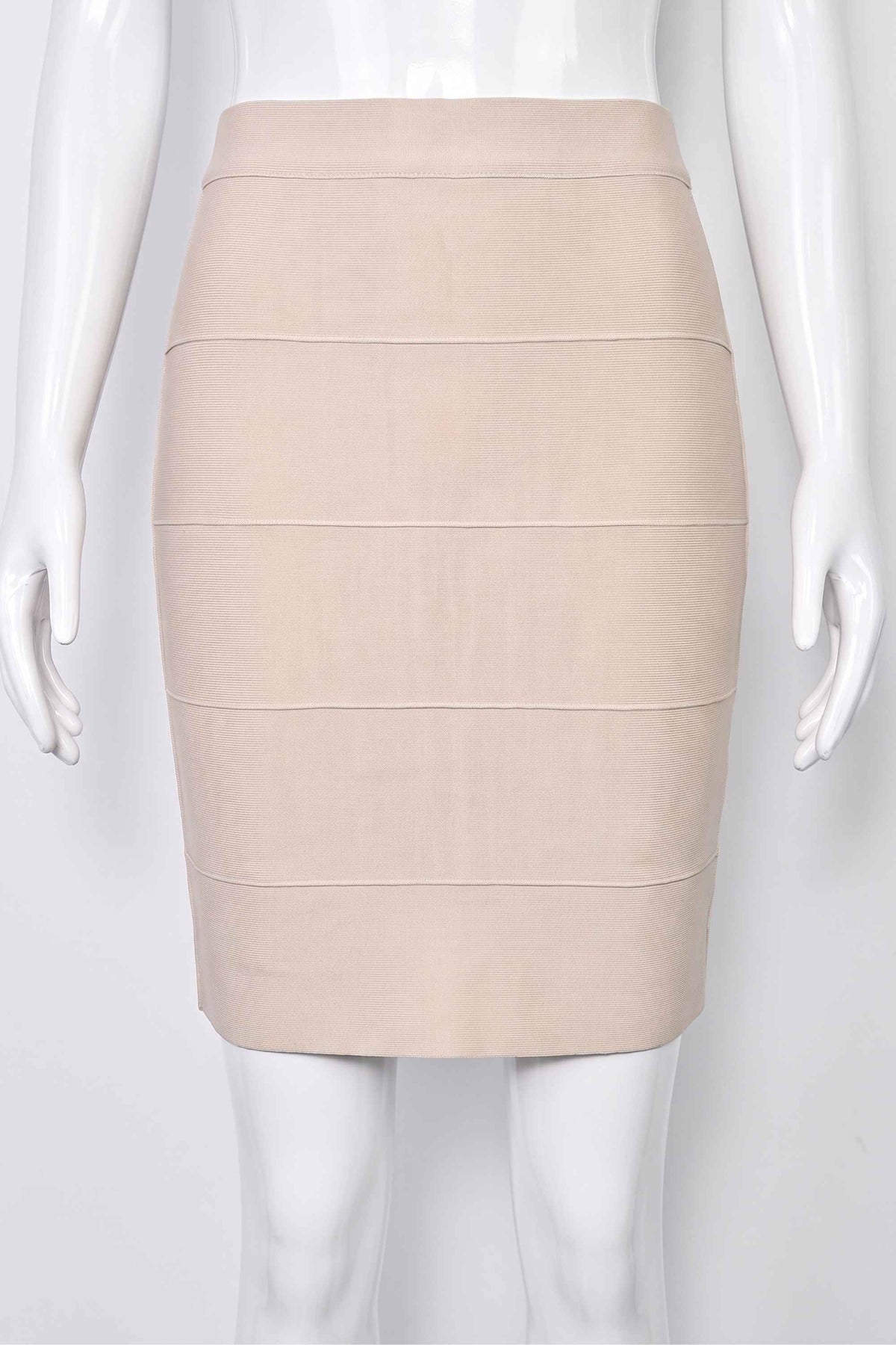 Woman wearing a figure flattering High Waist Bandage Mini Skirt - Cream BODYCON COLLECTION