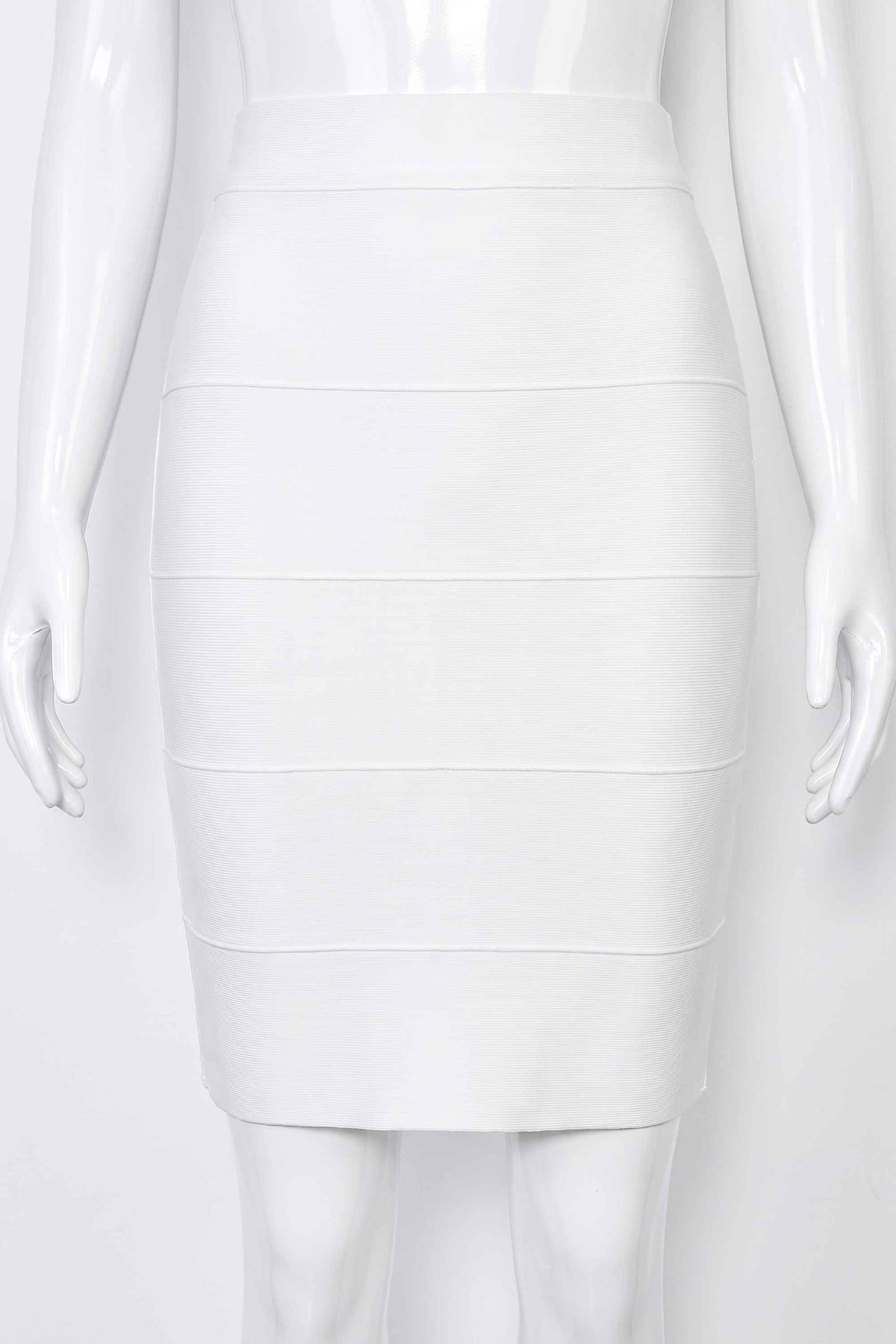 Woman wearing a figure flattering High Waist Bandage Mini Skirt - White Pearl BODYCON COLLECTION