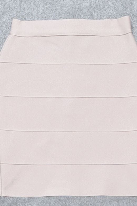 Woman wearing a figure flattering High Waist Bandage Striped Mini Skirt - Cream BODYCON COLLECTION