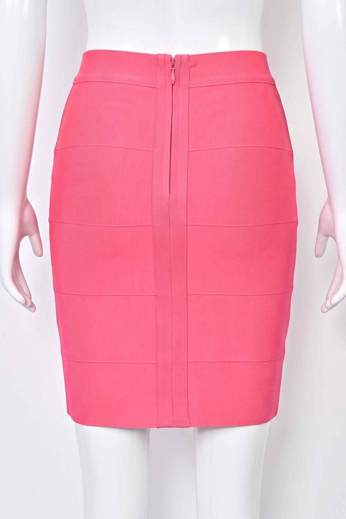 Woman wearing a figure flattering High Waist Bandage Striped Mini Skirt - Hot Pink BODYCON COLLECTION