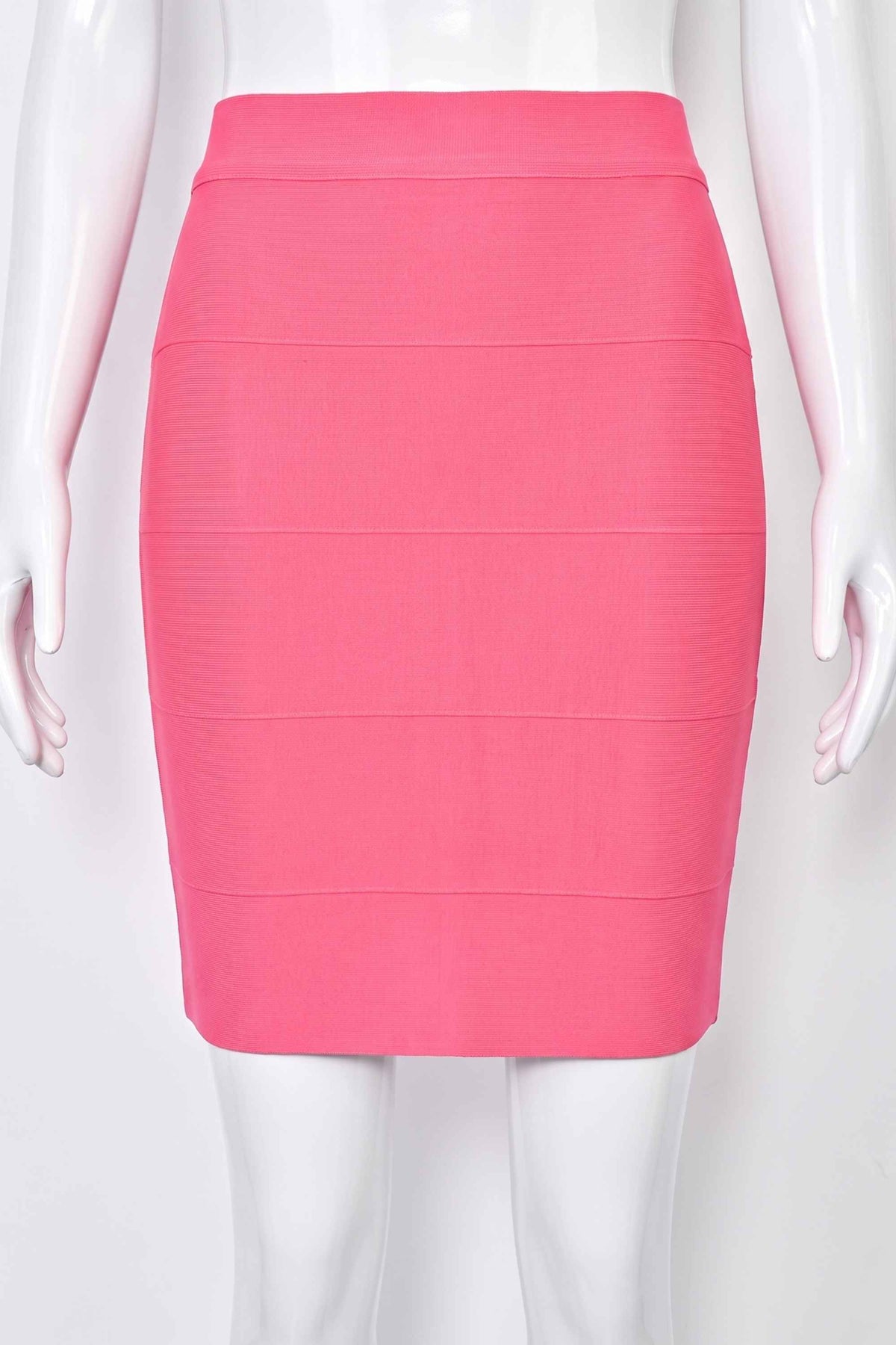 Woman wearing a figure flattering High Waist Bandage Striped Mini Skirt - Hot Pink BODYCON COLLECTION